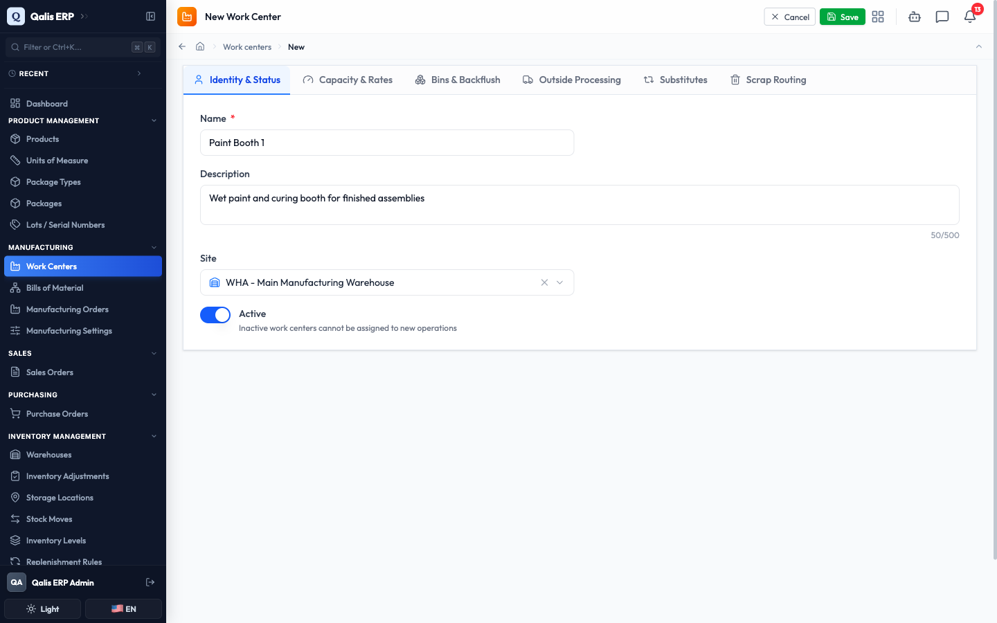 The Identity & Status tab with a name, description, and site filled in, and Active switched on