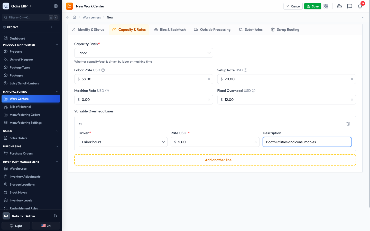 The Capacity & Rates tab with the rates filled in and one variable overhead line for labor hours