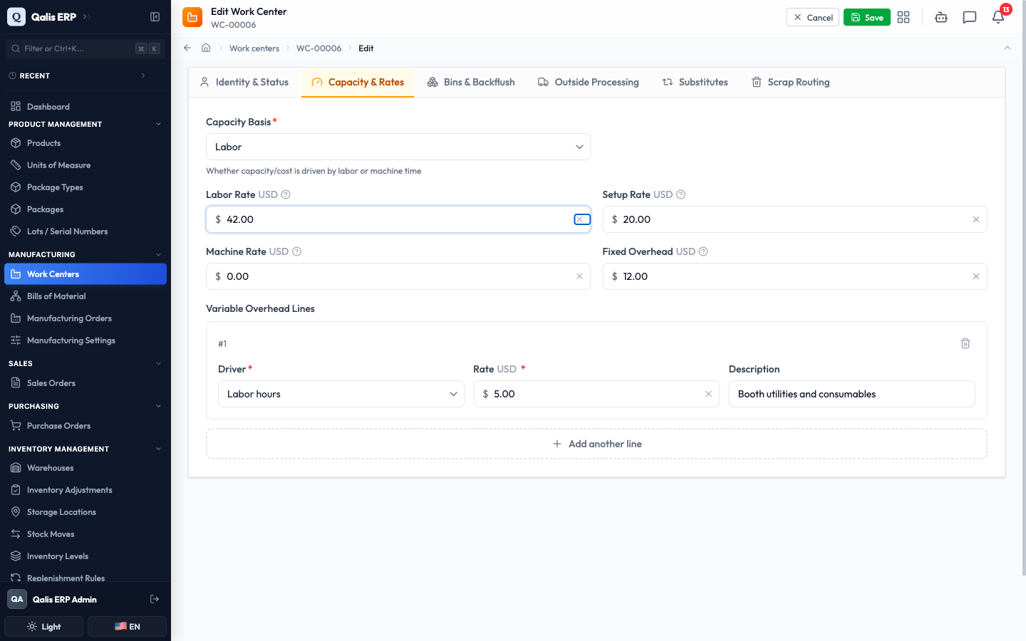 The edit form on the Capacity & Rates tab with the Labor Rate changed to 42.00